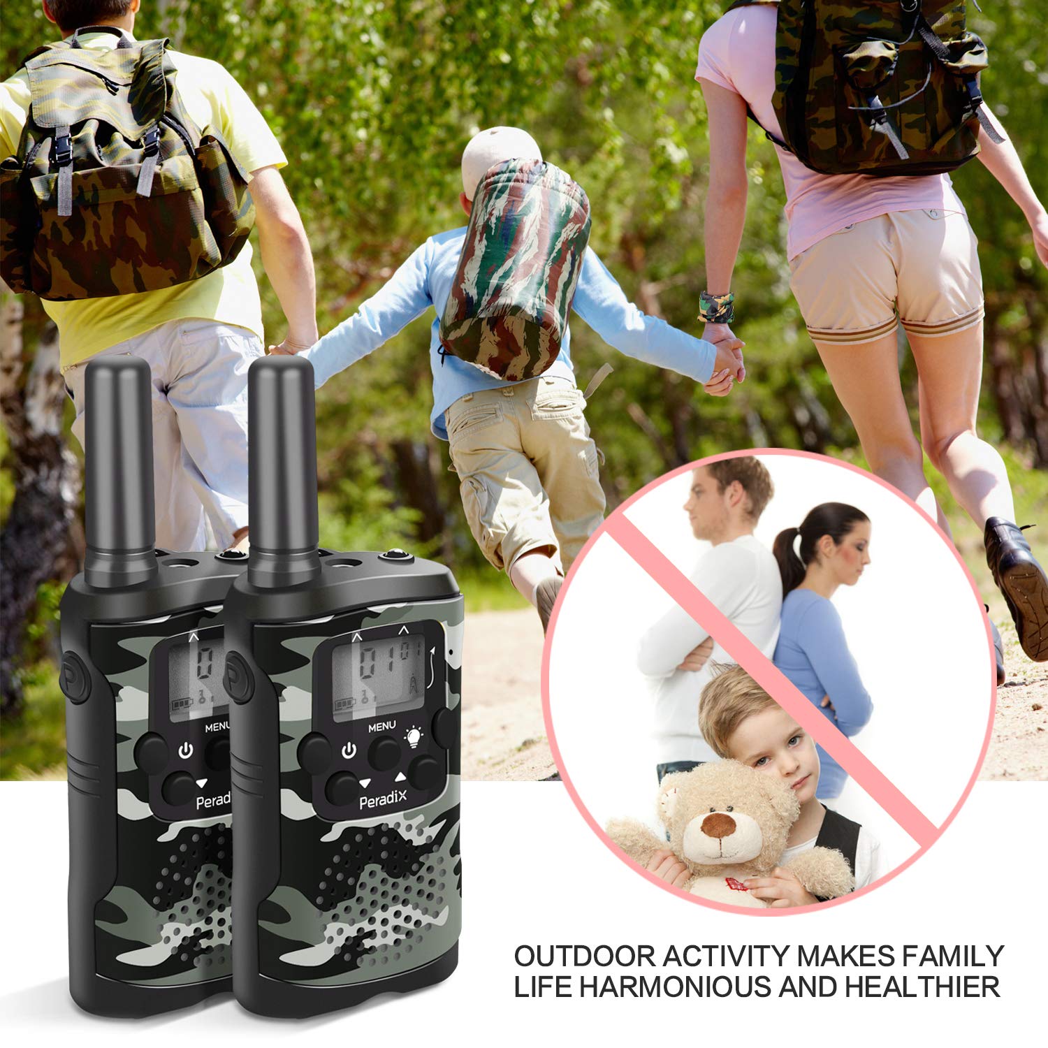 Peradix Talky Walky pour Enfant 3 Miles Longue 8 Canaux Talkies-Walkies， Écran LCD et Lampe de Torche,Prévoir Coques sont Fournis et Foulard Motif Militaire,Camouflage Talkie Walkie Enfants
