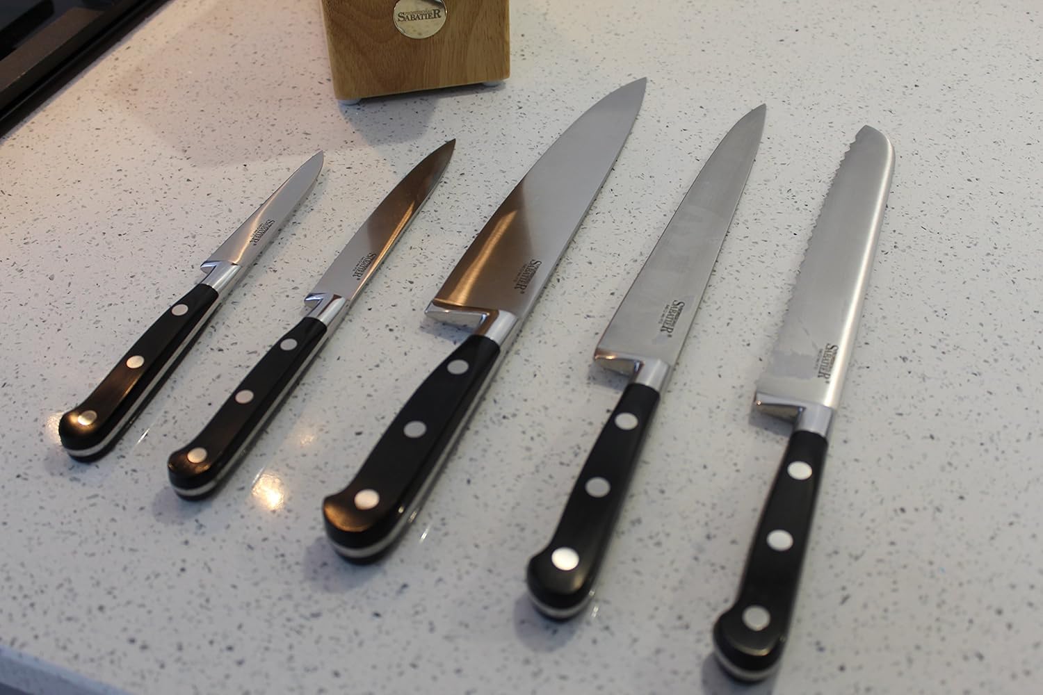 5 Piece Sabatier Professional Knife Block Set Solid Wood Block, Full