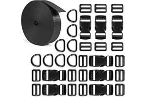 ONE WVW PIN 1 inch Buckle Strap Set with 10 Yards Nylon Webbing, 8 Pcs Metal D Rings, 8 Pcs Quick Side Release Plastic Buckles, 16 Pcs Tri-glide Slide Clip for DIY Backpack Replacement (Black)