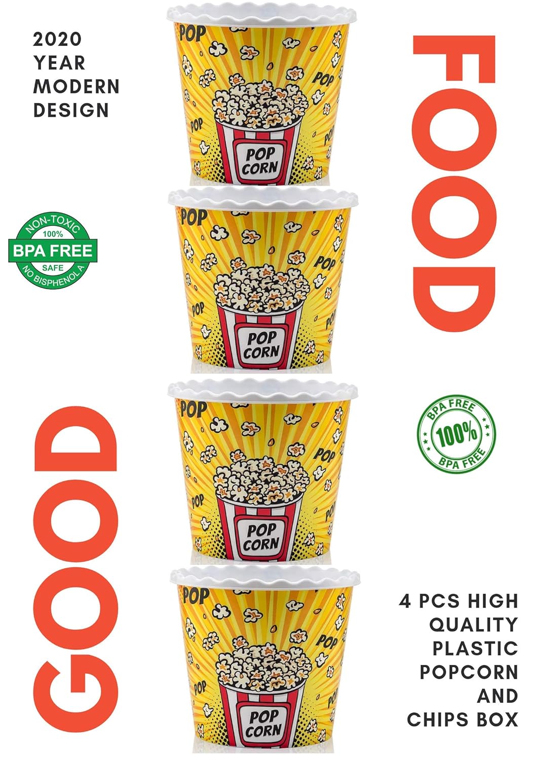 BPA Free YELLOW 4 Pack75 oz Modern Style Reusable Plastic Popcorn