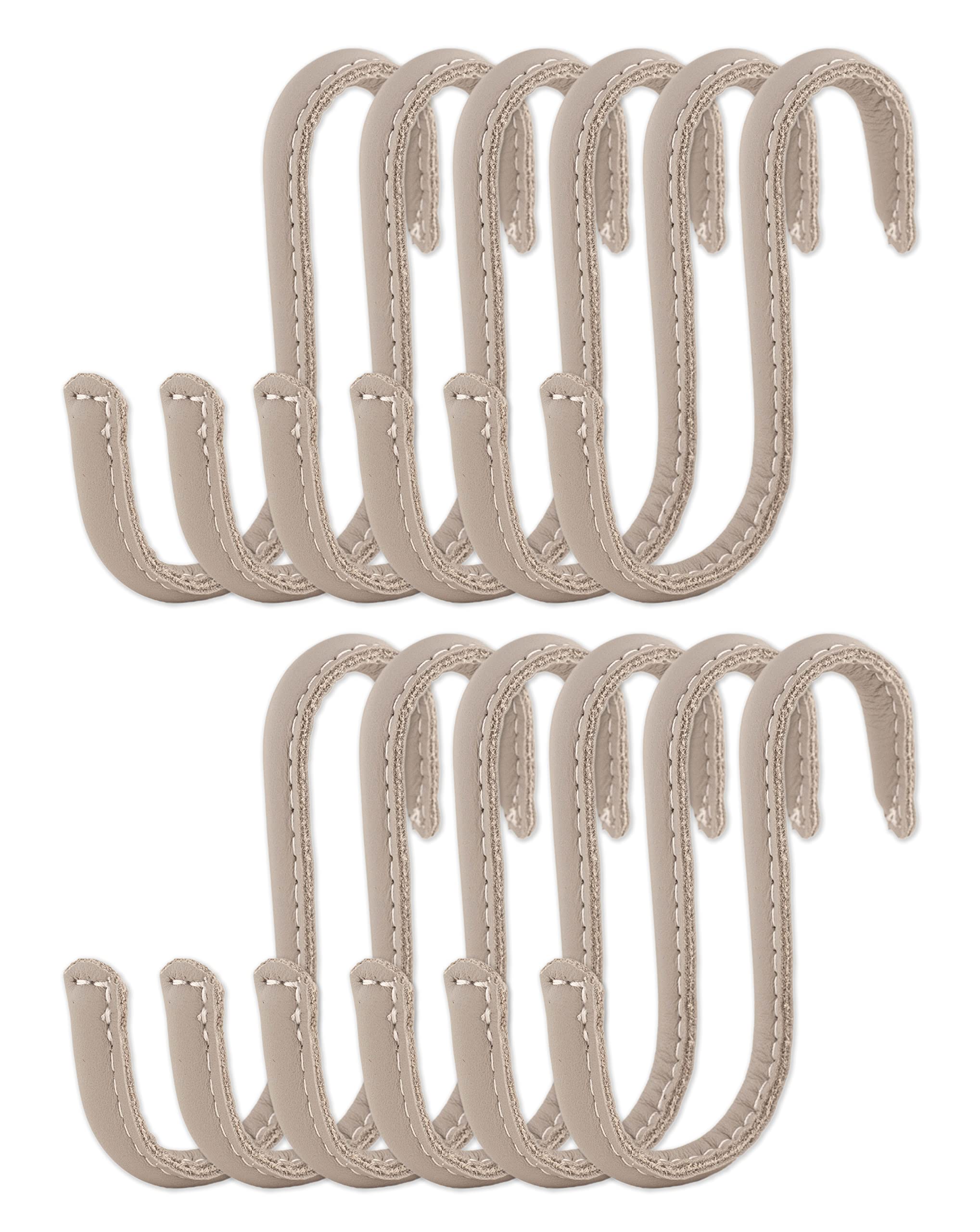 Brute Strength - S Shaped Hooks Wrapped in Full Grain Leather - 12 pcs - Light Grey - 10 cm Stainless Steel Metal Hangers Hanging Hooks for Kitchen, Work Shop, Bathroom