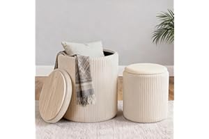 CAROLMADE Set of 2 Round Ottoman with Storage, Upholstered Vanity Stool Support 330lbs Multifunctional Coffee Table Ottoman V