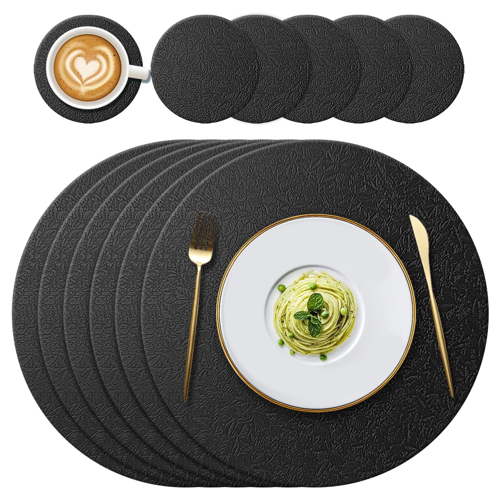YUNJUER 6 Round Silicone Place Mats(34cm) and 6 Coasters(10cm) Set, Heat-Resistant 450 °F Place mats, Non-Slip and Washable, Placemats for Hotel, Restaurant, Kitchen Glass Dining Table, (Black)