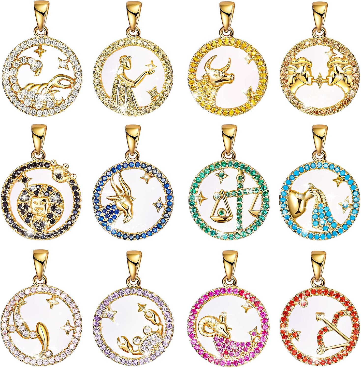 12 Pieces Round Zodiac Design Charms Rhinestone Zodiac Pendants Circle