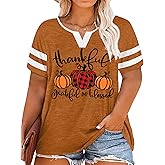 Plus Size Thanksgiving Shirts Women Thankful Grateful Blessed Shirt Leopard Pumpkin Print Casual Fall Tops