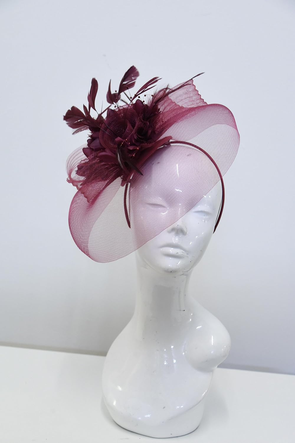 Caprilite Burgundy Feather Flower Fascinator Hat Veil Net headband Clip Ascot Derby Races Wedding … (All Burgundy) - Image 3