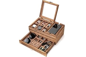 Pinzoveco Watch Box Organizer for Men, 6 Slot Mens Jewelry Box Display & Storage Watch, Solid Wood Watch Case for Men, Gift for Boyfriend Fathers Day Birthday Gifts (Carbonized Brown)