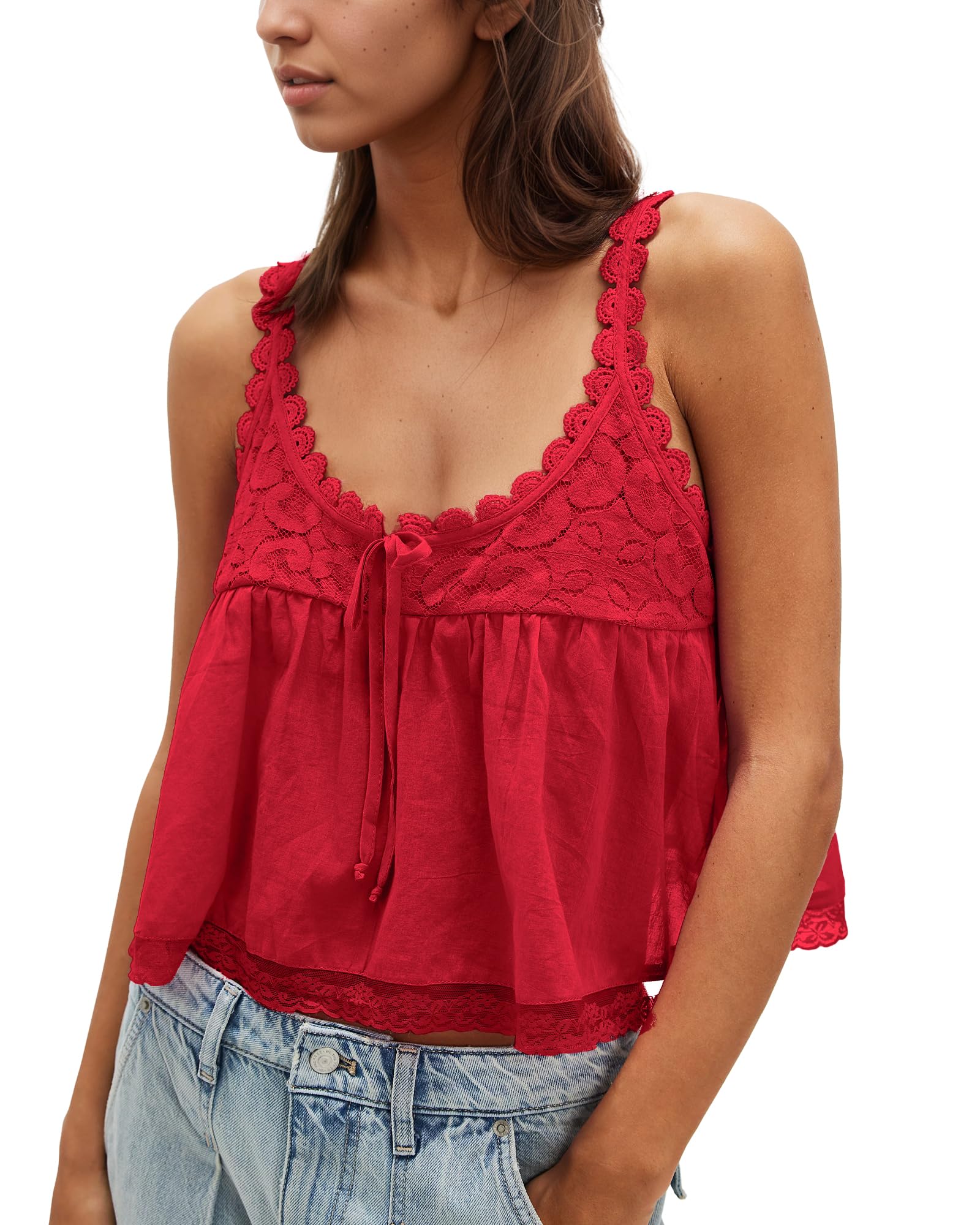 Photo 1 of **RUNS BIG UNDER CHEST AREA** Gacaky Womens Summer Boho Lace Tank Top Casual Beach Vacation Y2k Tops Fashion Crop Tops Clothes 2026 Red M