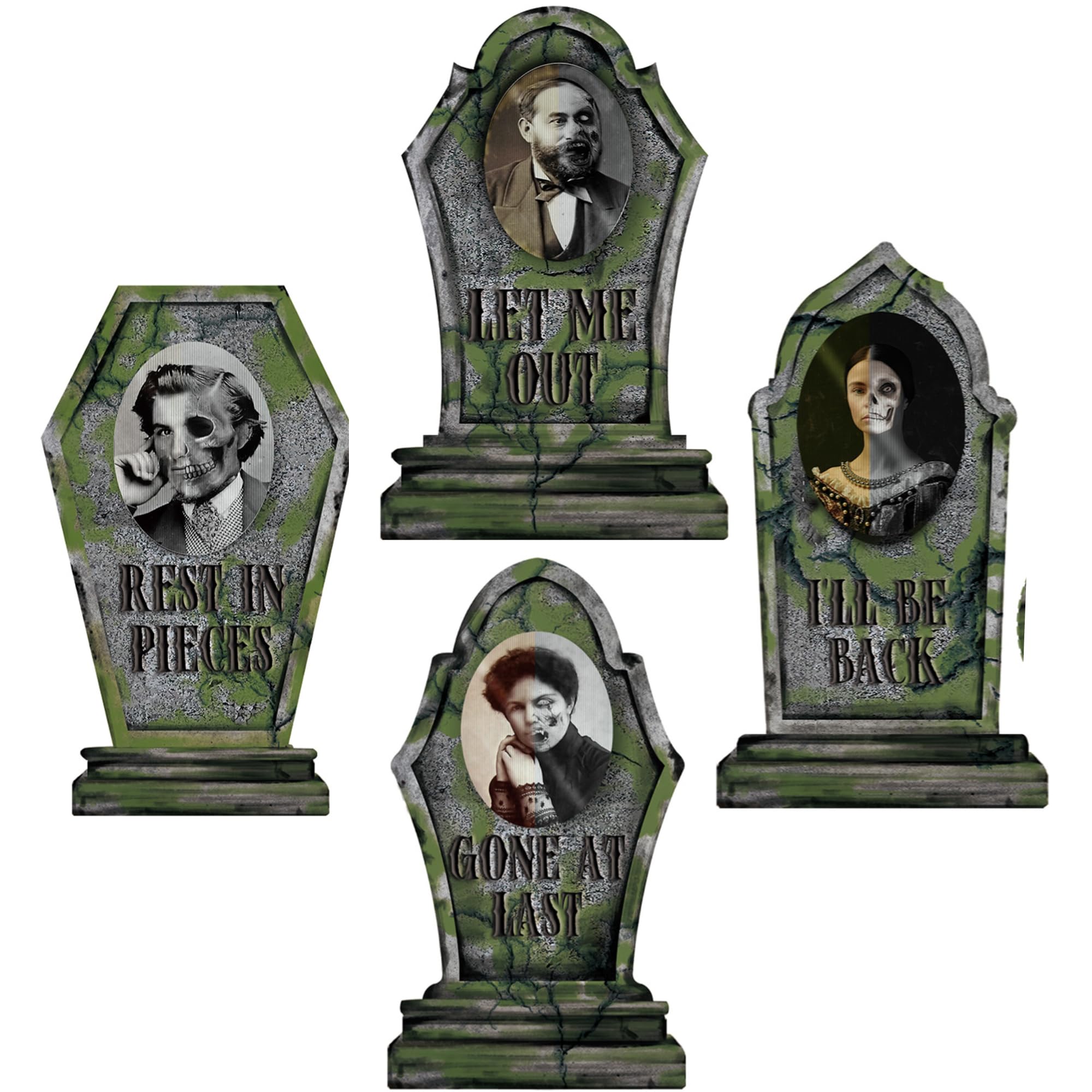 Photo 1 of Hiboom 4 Pcs Halloween RIP Graveyard Tombstones with 4 Pcs 3D Changing Face Moving Picture Frame 16.7x13.8 Inch Large Halloween Tombstones Decoration for Yard Garden Lawn(Moss)
