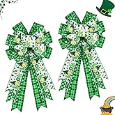 Large St. Patrick's Day Bows for Wreath 20x11 Inch, 2 Pack Pre-Tied Wired Burlap Ribbon Bow, Green Shamrock Tree Topper Bow for Front Door Indoor Outdoor Decoration (Green Plaid)