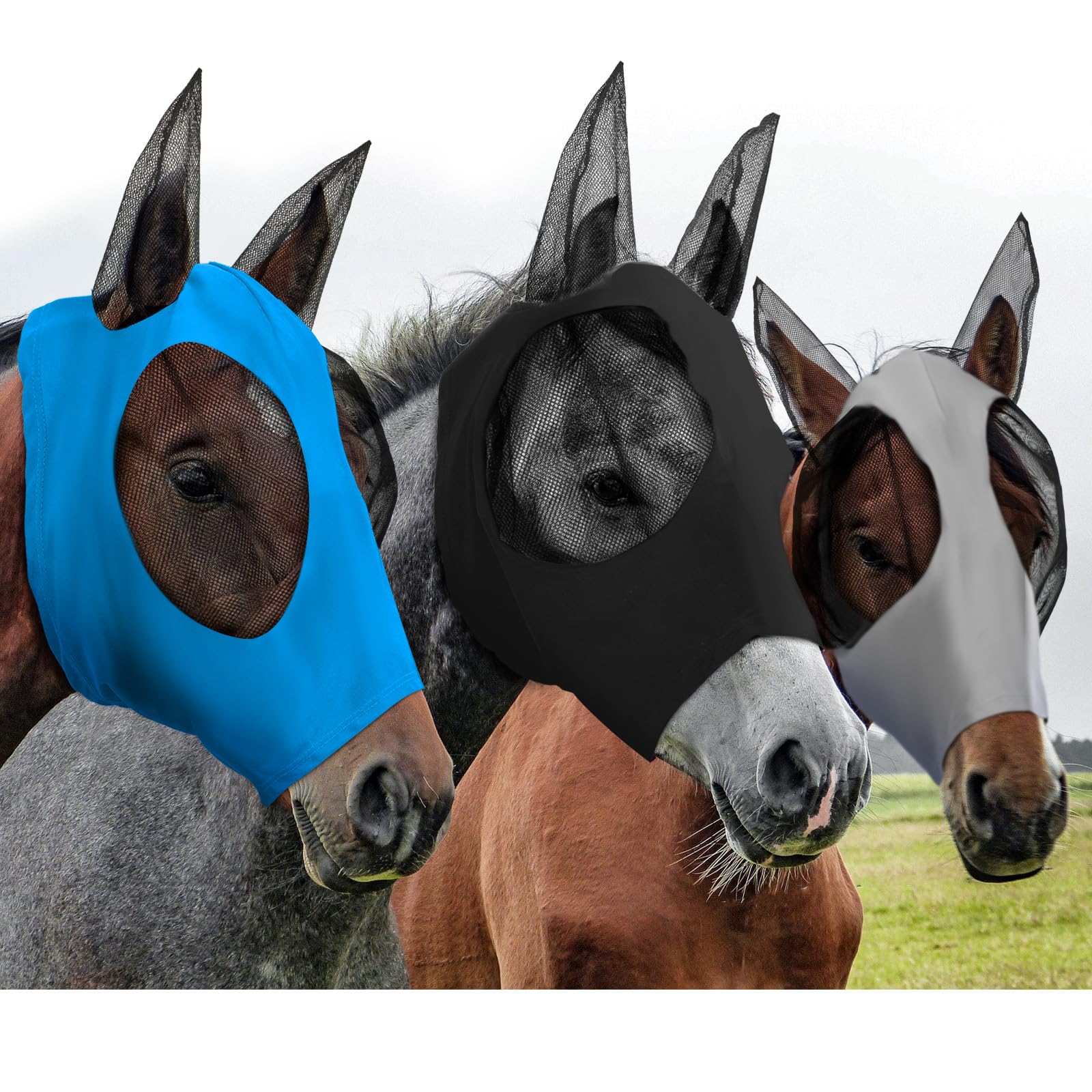 Photo 1 of Weewooday 3 Pcs Horse Fly Masks for Horses Fly Masks with Ears Smooth and Elasticity Fly Mask with UV Protection(M,Black,Gray,Blue)