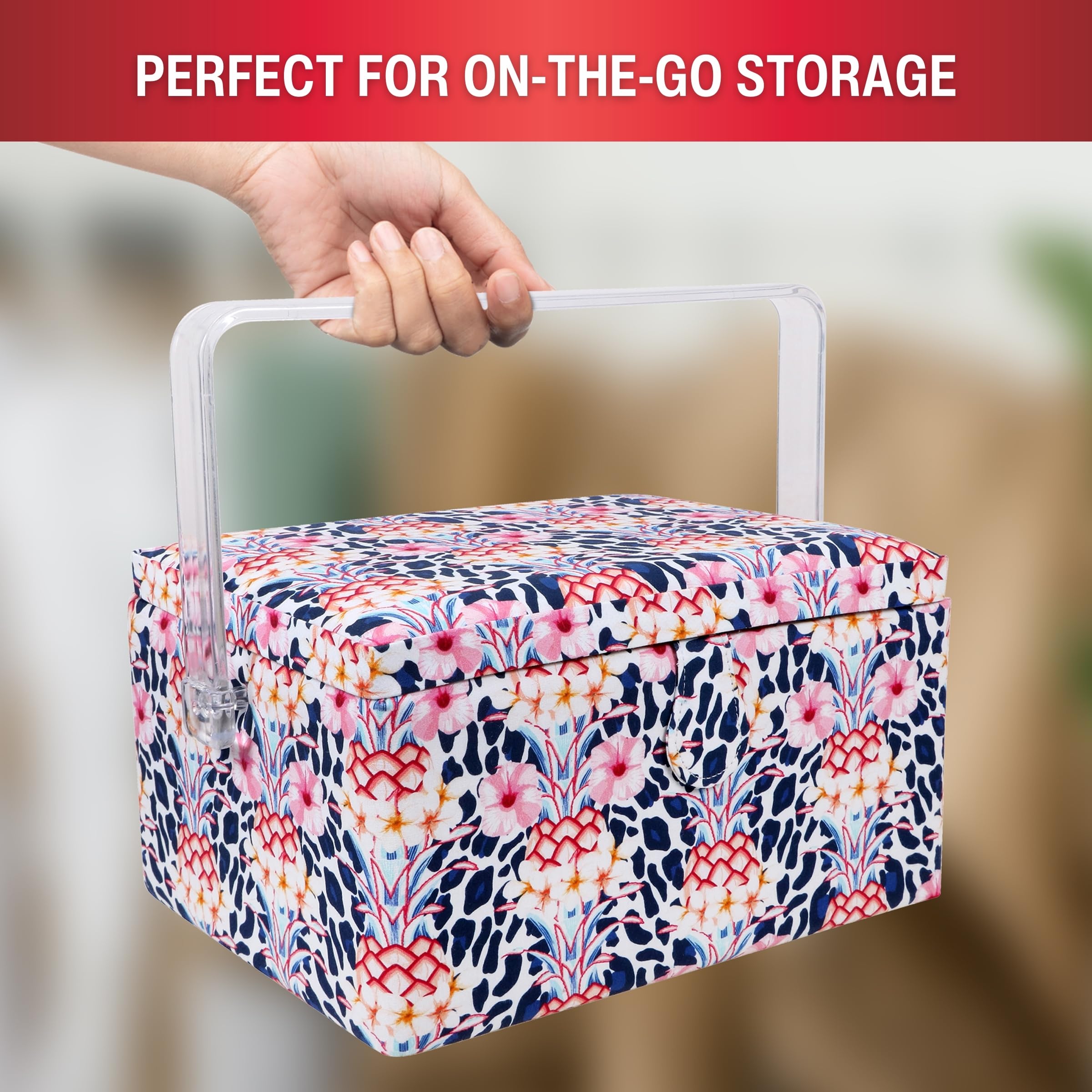 SINGER Large Premium Sewing Basket Tropical Animal Print with Emergency Travel Sewing Kit & Matching Zipper Pouch