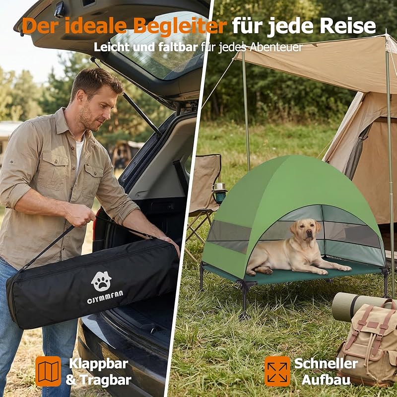 Erhöhtes Hundebett Outdoor mit UV-beständiges Dach，Hundeliege Klappbar mit Anti-Rutsch-Füßen, Hundezelt Outdoor mit Großem Schatten, Kühlendes ErhöHtes Hunde Bett für Camping, Garten (Grüner, L)