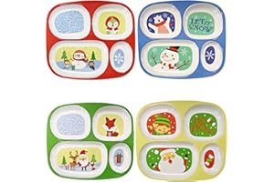 4E's Novelty Christmas Dinnerware Divided Plates For Kids (Set of 4) Melamine Plastic BPA Free Sectional Holiday Dinner Plates, Christmas Dishes for Toddlers