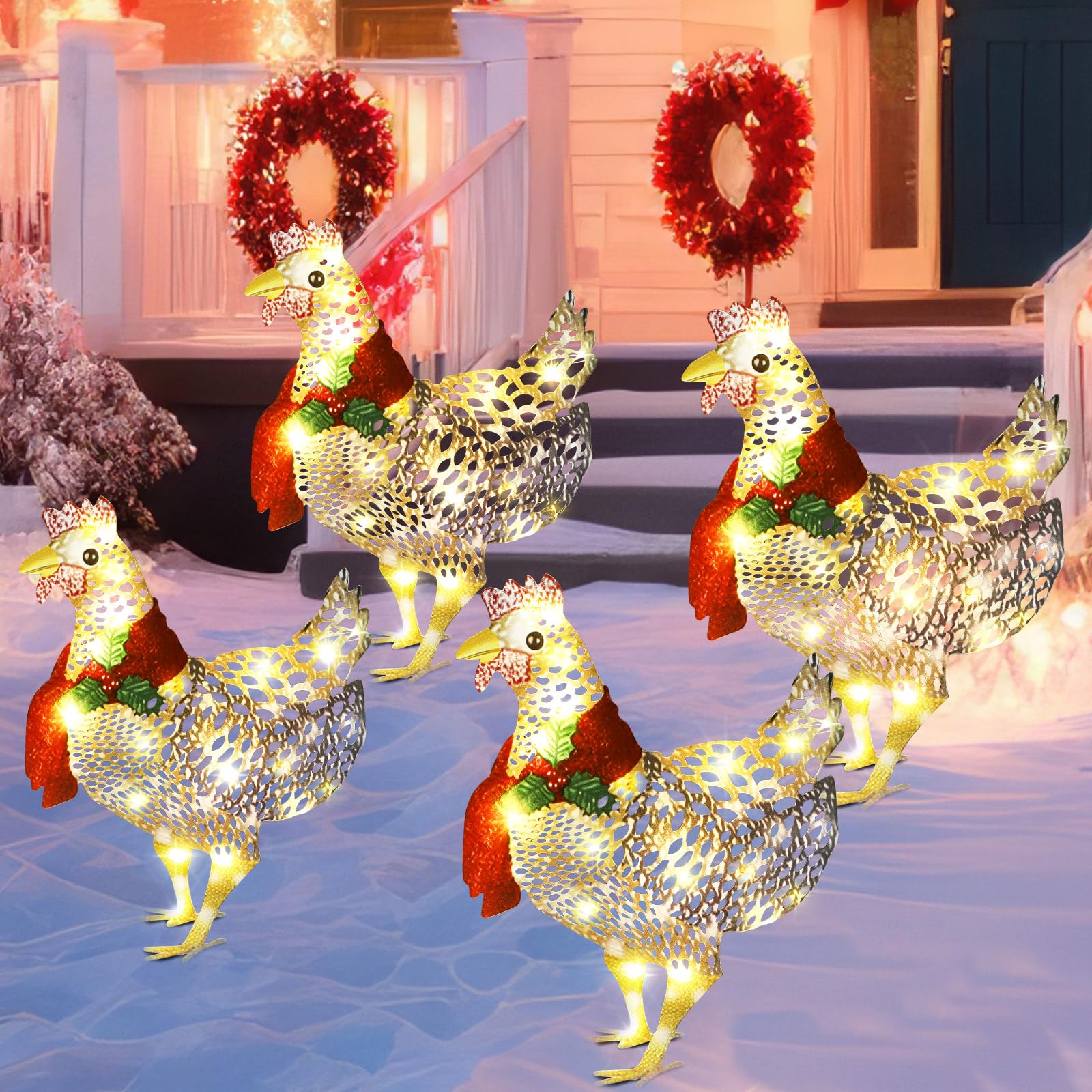 Photo 1 of Shellwei 4 Pcs Light up Chicken with Scarf Christmas Decoration Metal Chicken Ornaments with 60 LED Lights Christmas Rooster with Stakes for Xmas Yard Garden Patio Lawn Outdoor Decor