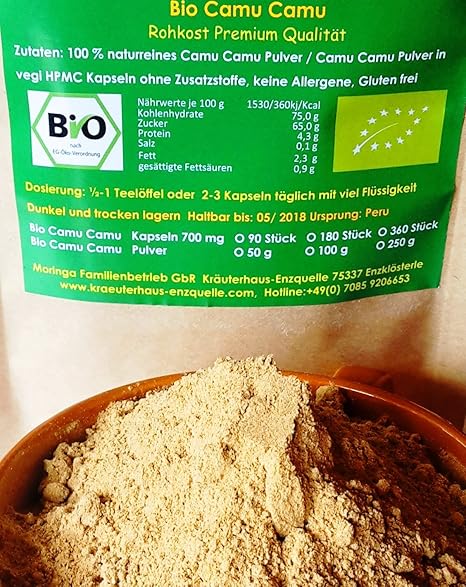 100 g Bio Camu Camu Pulver aus Peru Rohkost Premium Qualität Regenwald Hand Auslese im Spar Pack