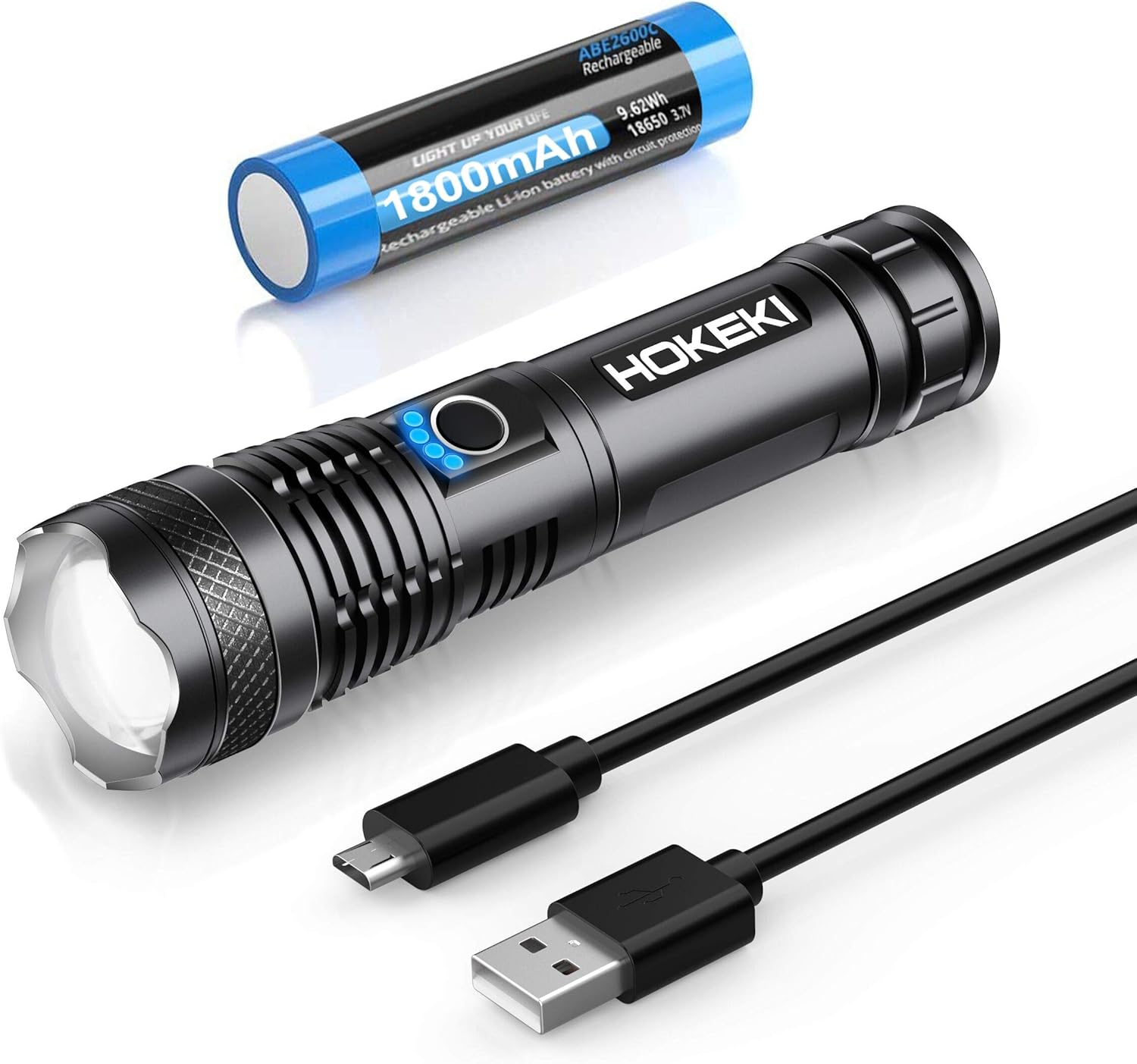 LED Tactical Flashlight, HOKEKI Emergency FlashlightsS1000 - High Lumen, Portable Outdoor Waterproof Handheld Light, USB Rechargeable, 5 Light Modes, Zoomable, Suitable For Camping, Hiking, Gift - - 