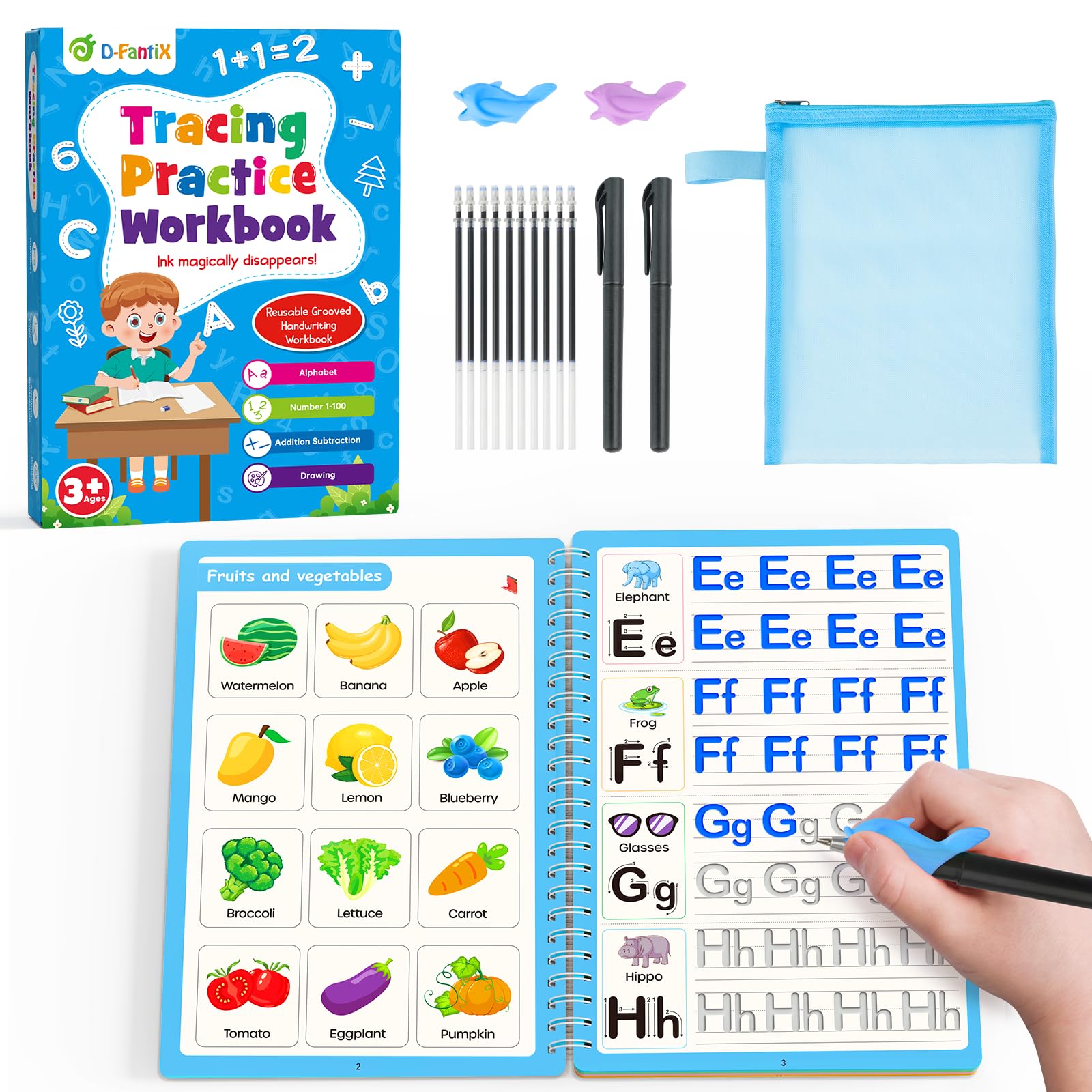D-FantiX 4 in 1 Magic Groove Practice Copybook, Reusable Grooved Handwriting Workbooks, Grooved Handwriting Practice for Kids Ages 3-8, Number Alphabet Tracing Books for Kids Kindergarten Preschool