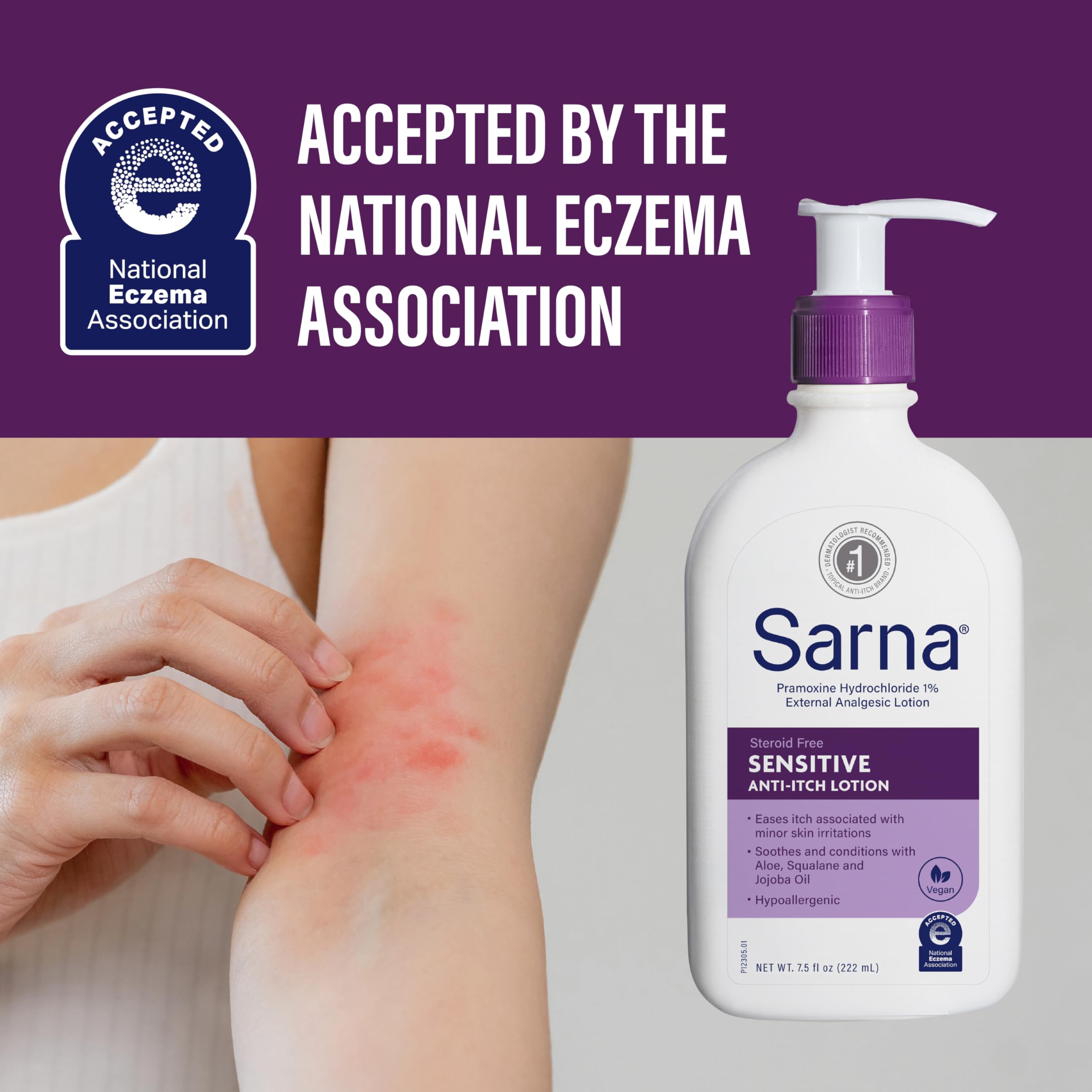 Sarna Sensitive Steroid-Free Anti-Itch Lotion for Dry Irritated Skin, Fragrance free - 7.5 Fl Oz