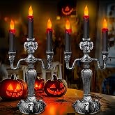 2 Pack Large Halloween Candelabra Flameless Candle Holder Table Centerpiece | Battery Powered Flickering Lights Skull Candle for Halloween Decorations Indoor Home Table Mantel Party Haunted Mansion Decor
