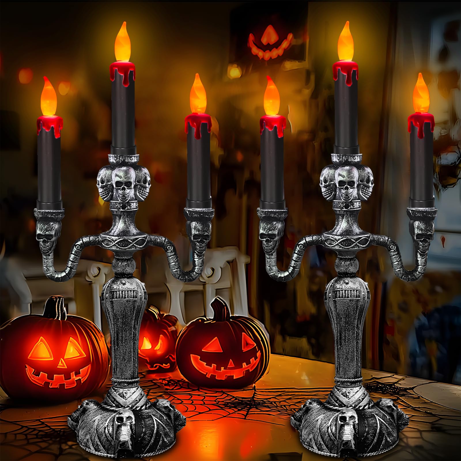Photo 1 of [ Extra Large ] 2 Pack Halloween Candelabra with LED Flame Less Candles Holder Battery Operated Flickering Lights Skull Candles for Halloween Decorations Indoor Home Table Party Haunted Mansion Decor