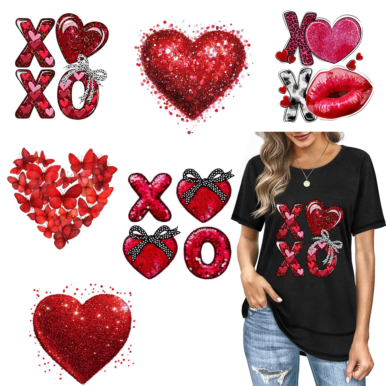 Photo 1 of 6 Sheet Valentines Iron on Transfers for T-Shirts Red Heart XXOO Design Iron on Transfers Patches Cute Valentines Iron on Decals for Hat Pillow Jackets Clothing Shirts DIY Appliques Decorations