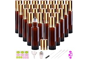 inice 24 Pack Roller Bottles for Essential Oils, Amber Galss 10ml Roll On Bottle with Stainless Steel Roller Balls and Metal Caps