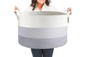COMFY-HOMI XXXL Large Laundry Basket, Cotton Rope Nursery Woven Basket for Storage, Blanket Baskets Living Room Laundry Hamper, Dog Toy Storage Organizer, Home Decor-21''x21''x13.6''-White and Grey