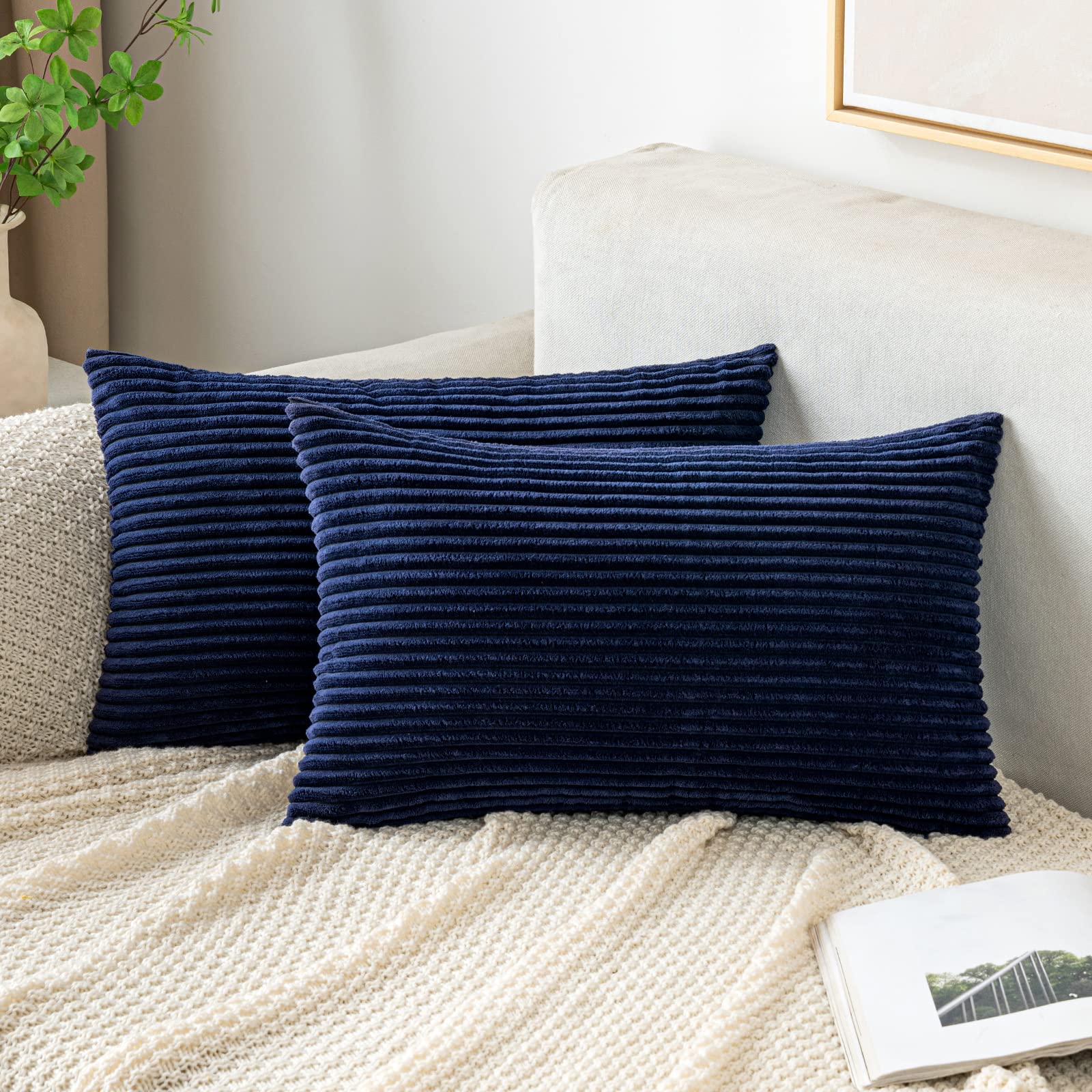 EMEMA Cushion Covers Corduroy Oblong Throw Pillow Covers Striped Soft Sham Home for Sofa Couch Bedroom Decorative Pillowcases 12x20 Inch 30x50cm Set of 2 Navy-blue