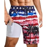 Gleeease Mens Swim Trunks with Compression Liner Mens Bathing Suit 9 Inch | Swim Shorts Men Mutiple 3 pockets Quick Dry 4-Way Stretch American USA Flag Beach UPF 40+ Drawstring No-chafe Mens Swimsuit