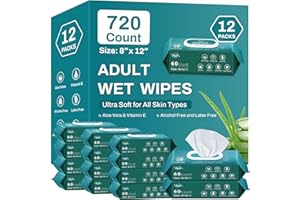 AOZITA 720 Count (12 Packs of 60) Wipes for Adults, 8" x 12" Extra Large for Incontinence & Cleansing, Disposable Body Shower & Bath Wipes for Elderly Bathing No-Rinse - Vitamin E & Aloe