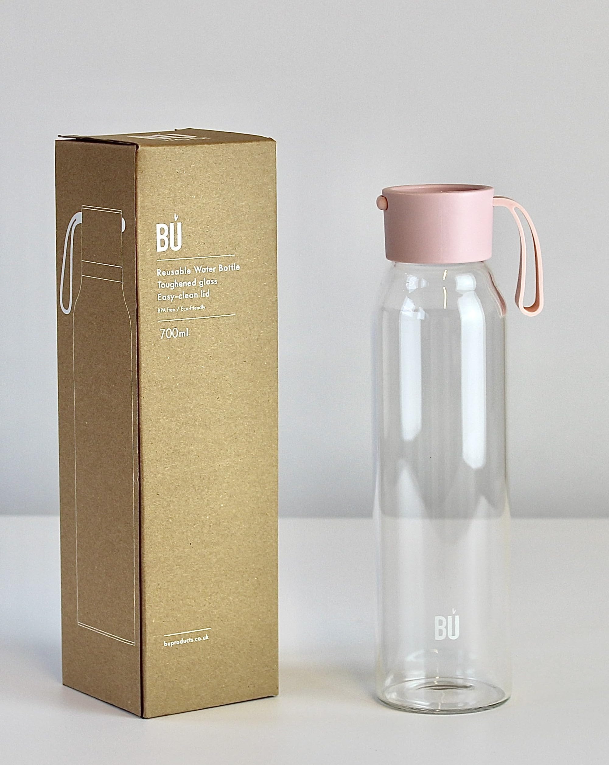 BU Products Glass Water Bottle, 700ml, Mint or Blush, Leak Proof, Antibacterial, BPA Free, Bamboo Charcoal Filter Compatible, for Travel and Everyday Use (Blush Pink)