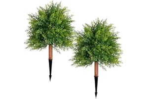 ART-JSTHUA 28" Artificial Cedar Topiary Ball Trees, 2 Pack Fake Plants with UV Resistant Evergreen Texture, Durable Ground Spikes Faux Shrubs Bushes Artificial Plants for Outdoor Indoor Front Porch Garden Decor