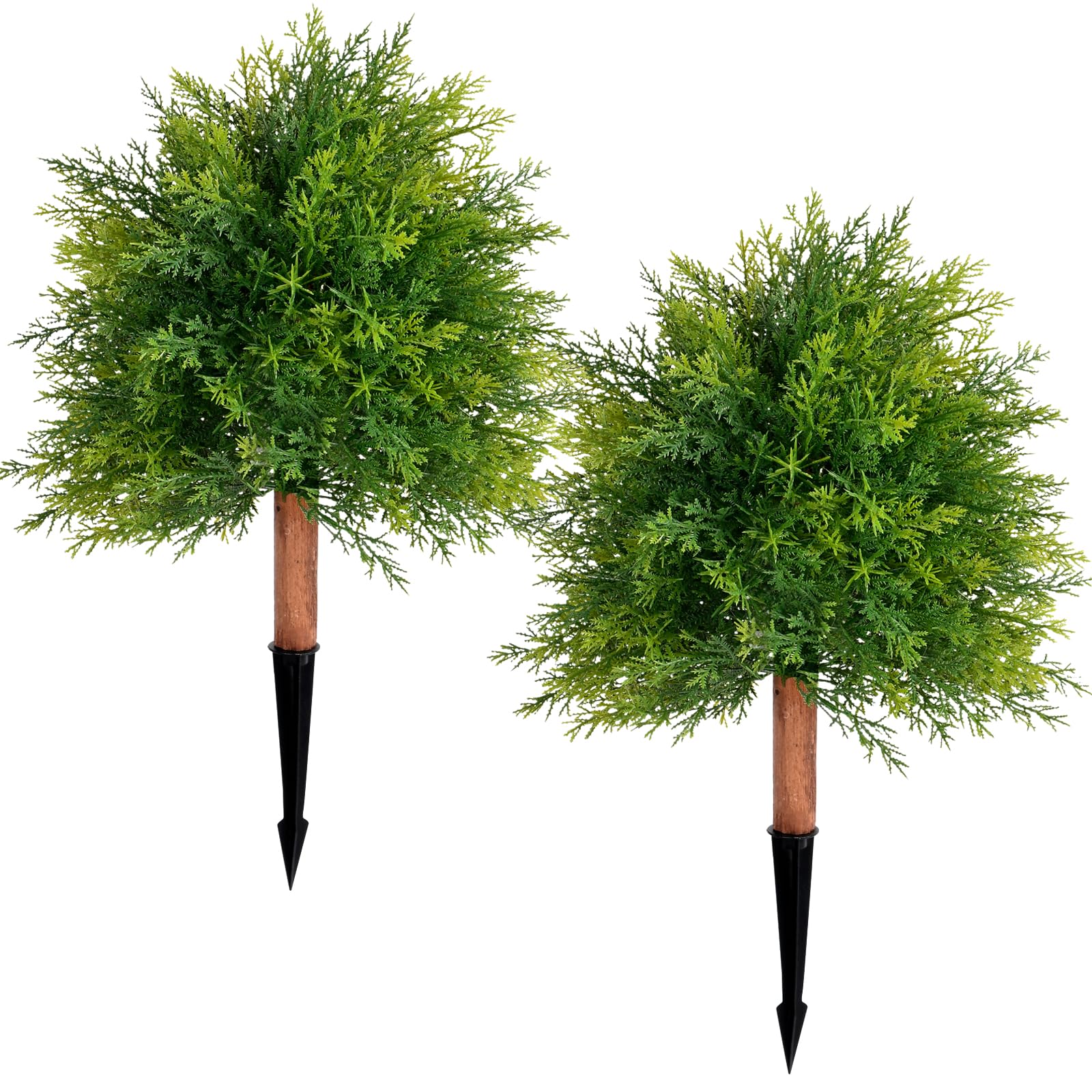 Photo 1 of 28" Artificial Cedar Topiary Ball Trees, 2 Pack Fake Plants with UV Resistant Evergreen Texture, Durable Ground Spikes Faux Shrubs Bushes Artificial Plants for Outdoor Indoor Front Porch Garden Decor