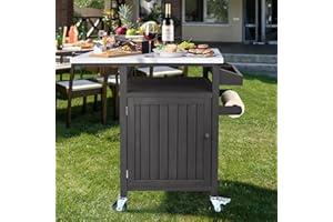 WENRENER Natural Solid Wood Outdoor Grill Cart with Storage Cabinet,BBQ Grill Storage Cart/Bin, Grill Table Kitchen Table Cooking Prep Table for Patio Island (Coffee Brown, Small)