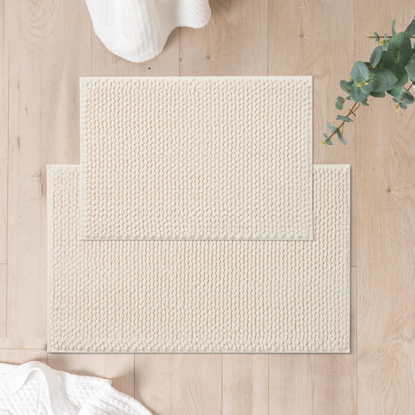 Photo 1 of FRESHMINT Chenille Bath Rugs Set - 2 Piece (17"x24" + 20"x32"), Non-Slip Bath Mats, Absorbent, Washable, Cream White