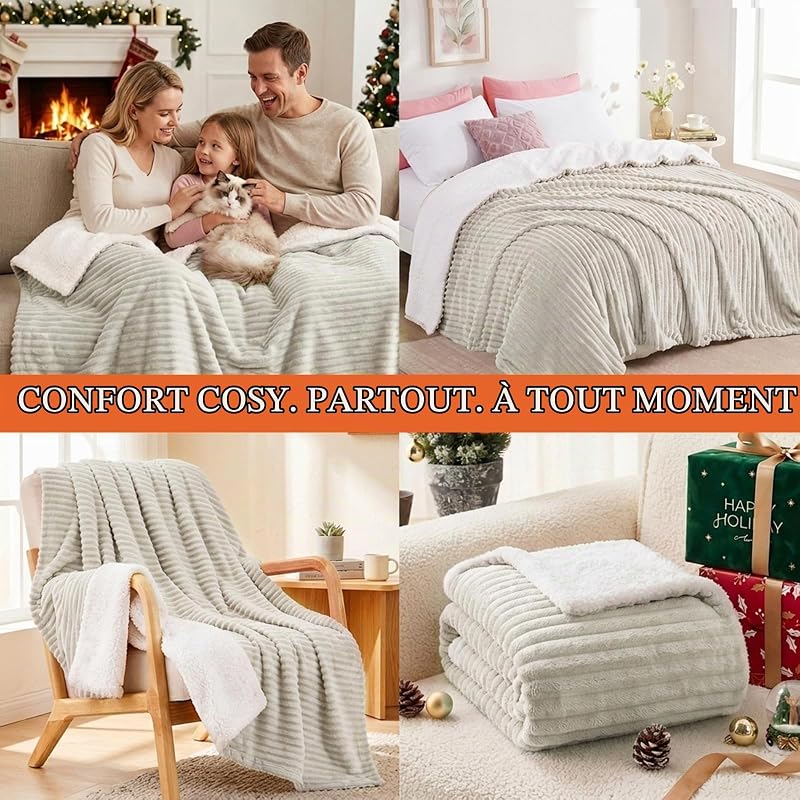 Couverture Polaire Sherpa 220x240cm Beige, Couverture en Flanelle épaisse Couche et Confortable, Plaid Canape Fourrure Jeté de Canapé et aux Lits Chaude et Douce pour l'hiver Épais
