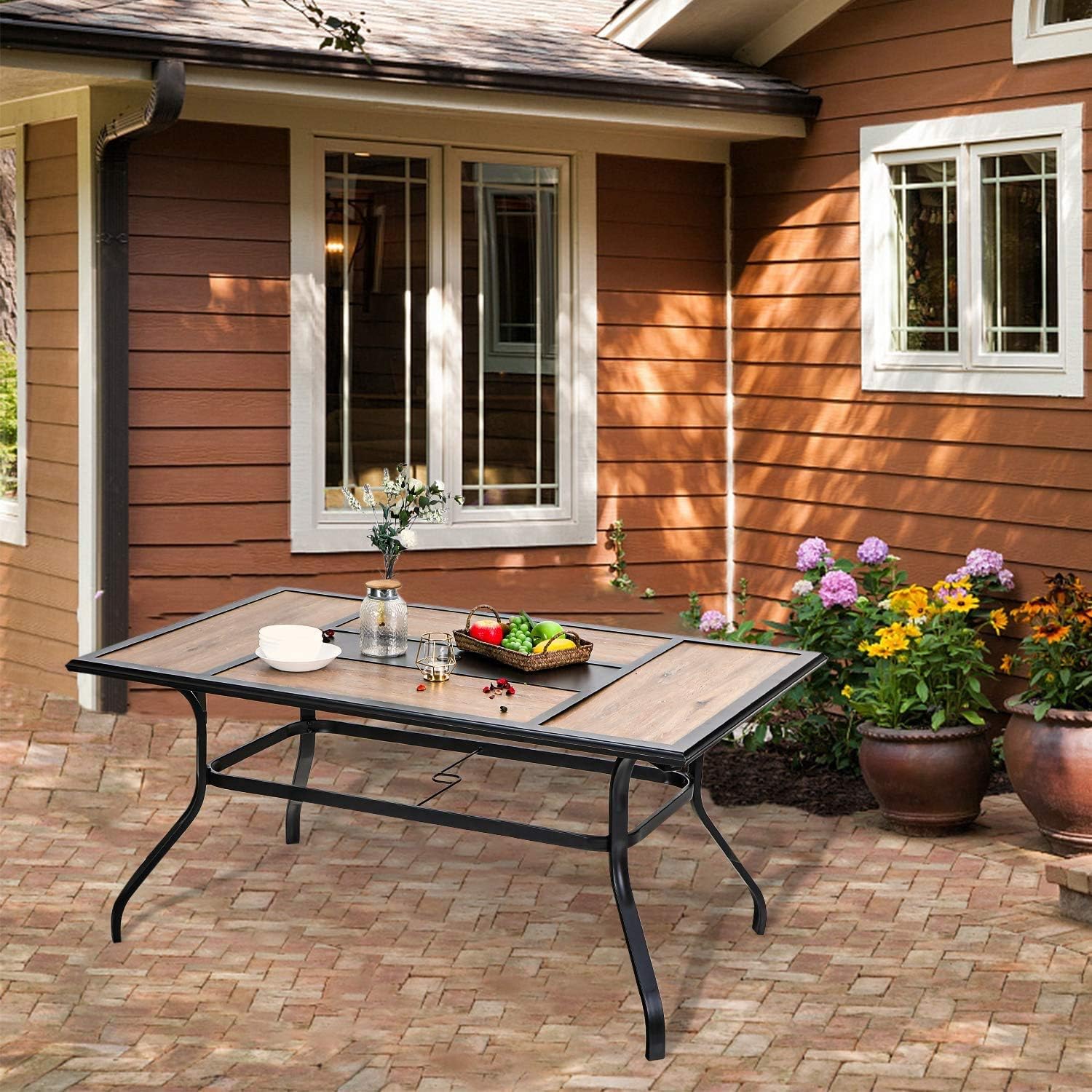 PHI VILLA Metal 60"x 37" Large Wooden Top Patio Dining Table Rectangular Backyard Bistro Umbrella Table Outdoor Furniture Garden Table, 1.56" Umbrella Hole, Black: Kitchen & Dining