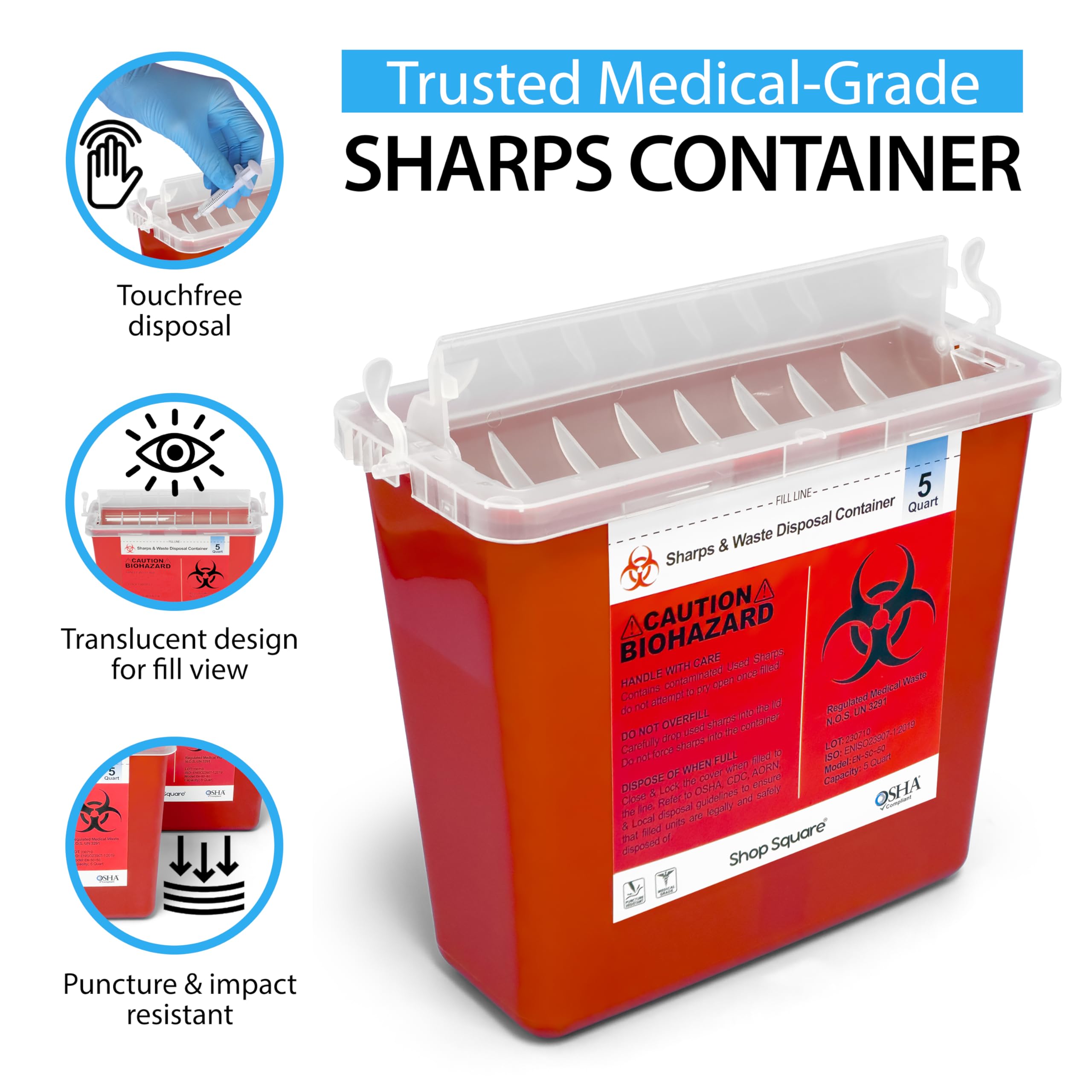 Sharps Container for Home Use and Professional - 5 Quart (2 Pack) Large Sharps Container, Needle Disposal, Touch Free Rotating Lid