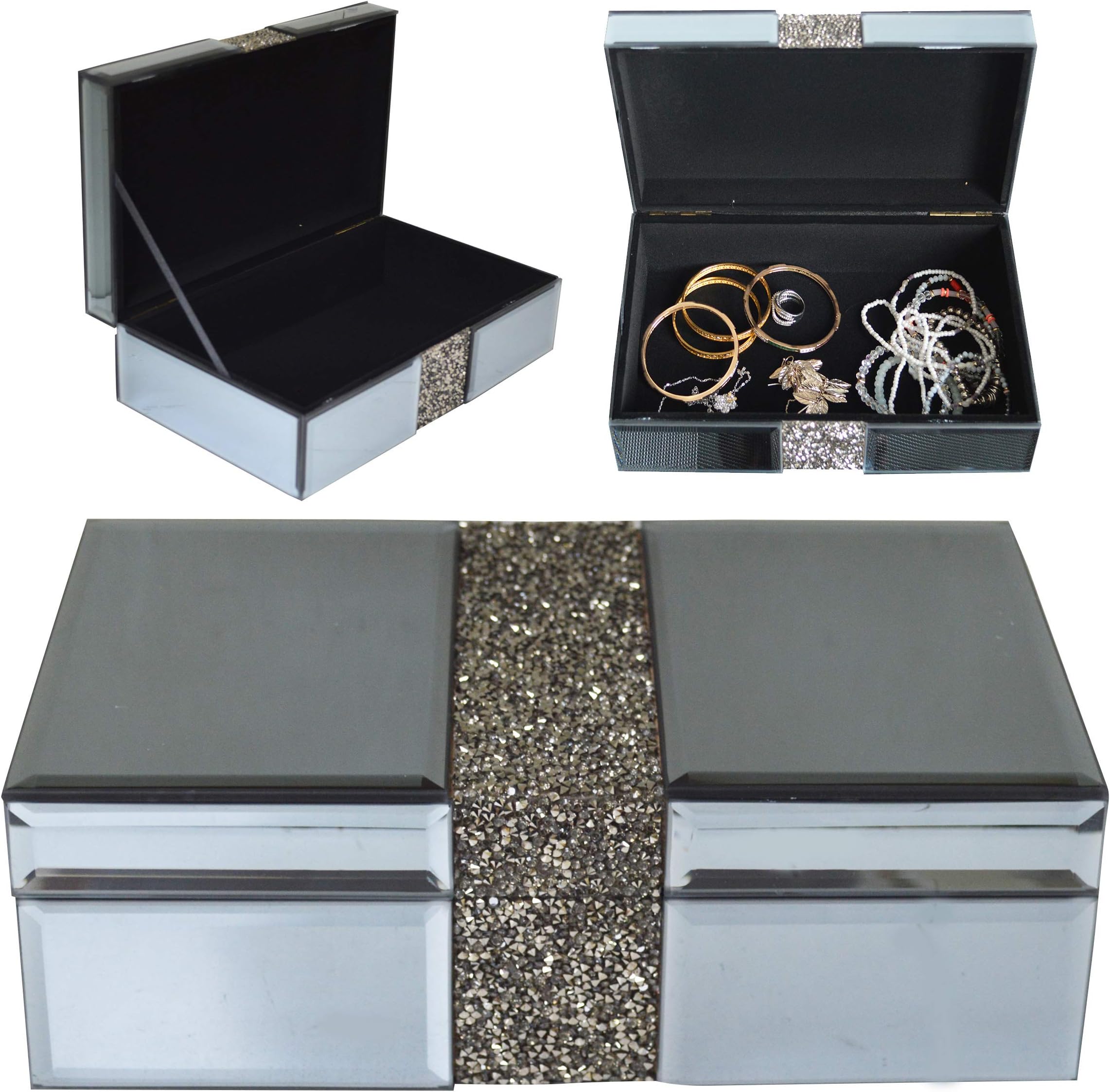 Maison Des Cadeaux New Smoking Glass Sequin Glitter Make Up Case Organiser Jewellery Earring Trinket Box