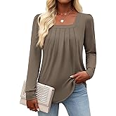 Funlingo Women's Puff Long Sleeve Tops Dressy Casual Square Neck Pleated Work Blouse Fall Trendy Tunic Flowy Chiffon Shirts