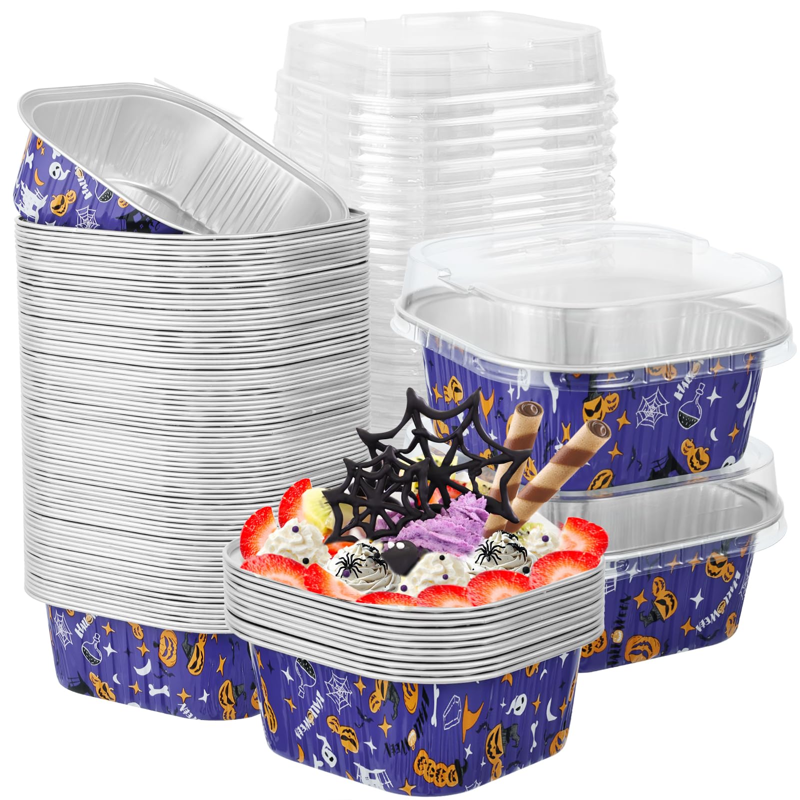 Photo 1 of Halloween Mini Disposable Cake Pans with Lids, Aluminum Foil Square Baking Cups Pie Tin Tart Pans Ramekins Browni Baking Cups Dessert Cups for Halloween Party,10oz
