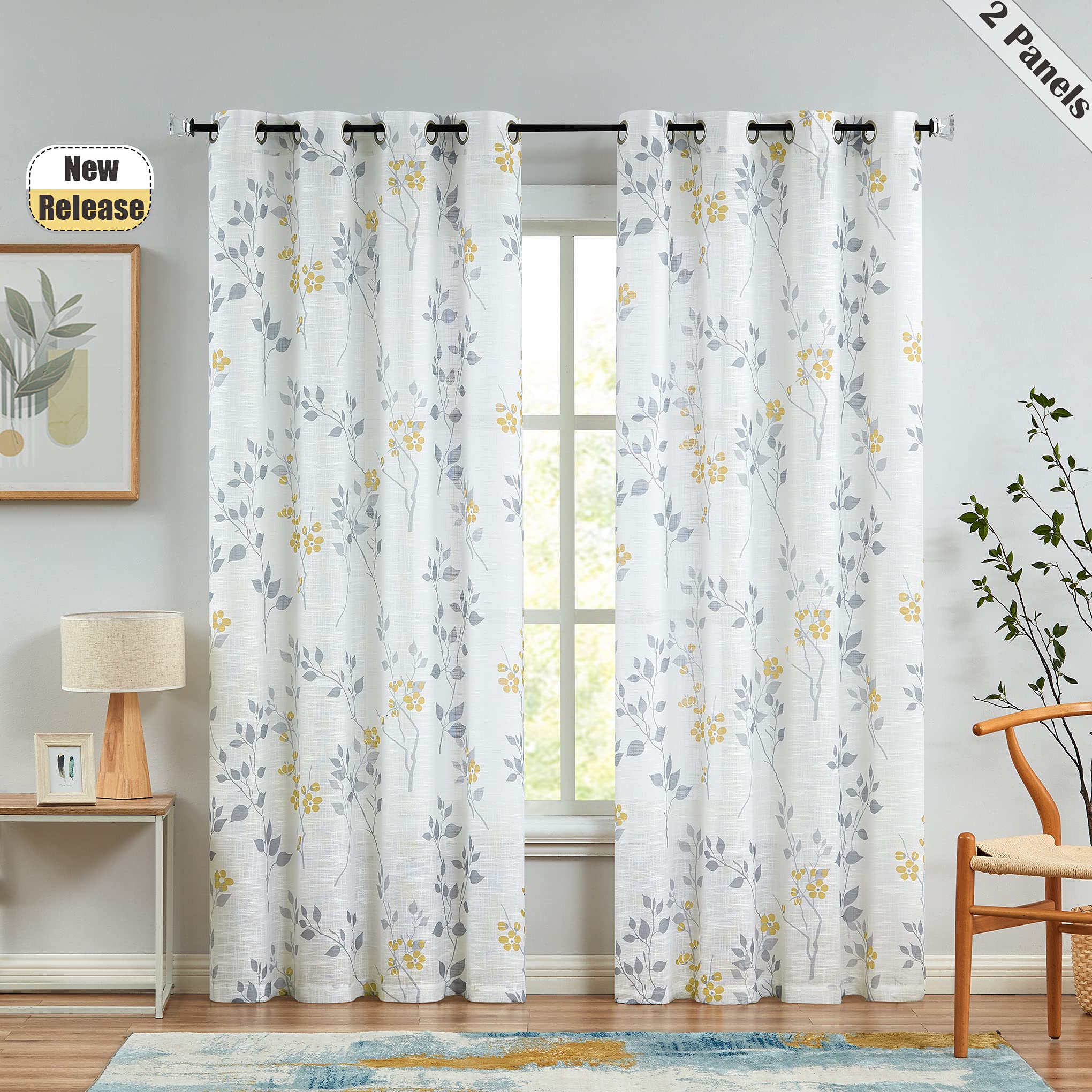 Beauoop Yellow Grey Semi Sheer Floral Curtains for Living Room Bedroom 72 Inch Drop Linen Textured Farmhouse Curtains Leaf Printed Eyelet Rustic Drapes Window Treatment Set 2 Panels