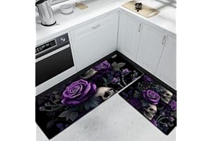 Skull Purple Rose Kitchen Rugs Non Slip Dark Green Kitchen Mats Machine Washable Rugs 2 Pieces Gothic Dark Style Runner Carpe