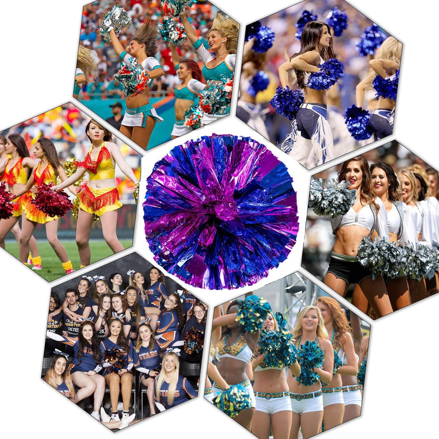 Pack of 4 Cheerleading Pom Poms Foil Plastic Metallic Cheerleader Pom Poms for Cheer Sport Kids Adults Team Spirit Cheering (Rose Red/Blue) : Sports & Outdoors