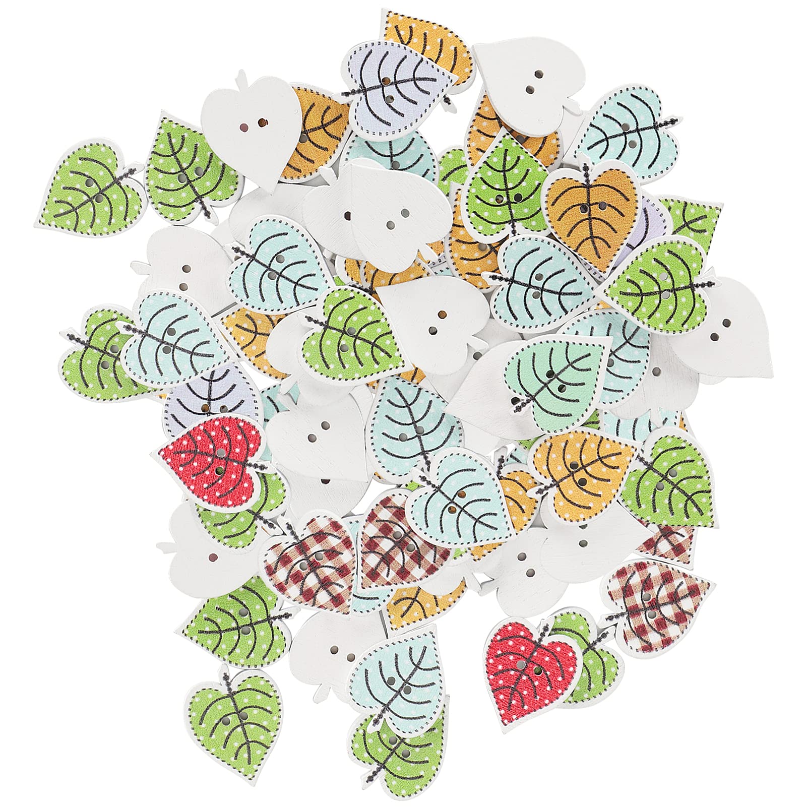 Wooden Buttons, 100Pcs Leaf Shaped Painting Buttons Assorted Buttons Mixed Buttons Assorted Bulk Buttons Sewing Craft Decorations with 2 Holes for Crafts Knitting Baby Clothes