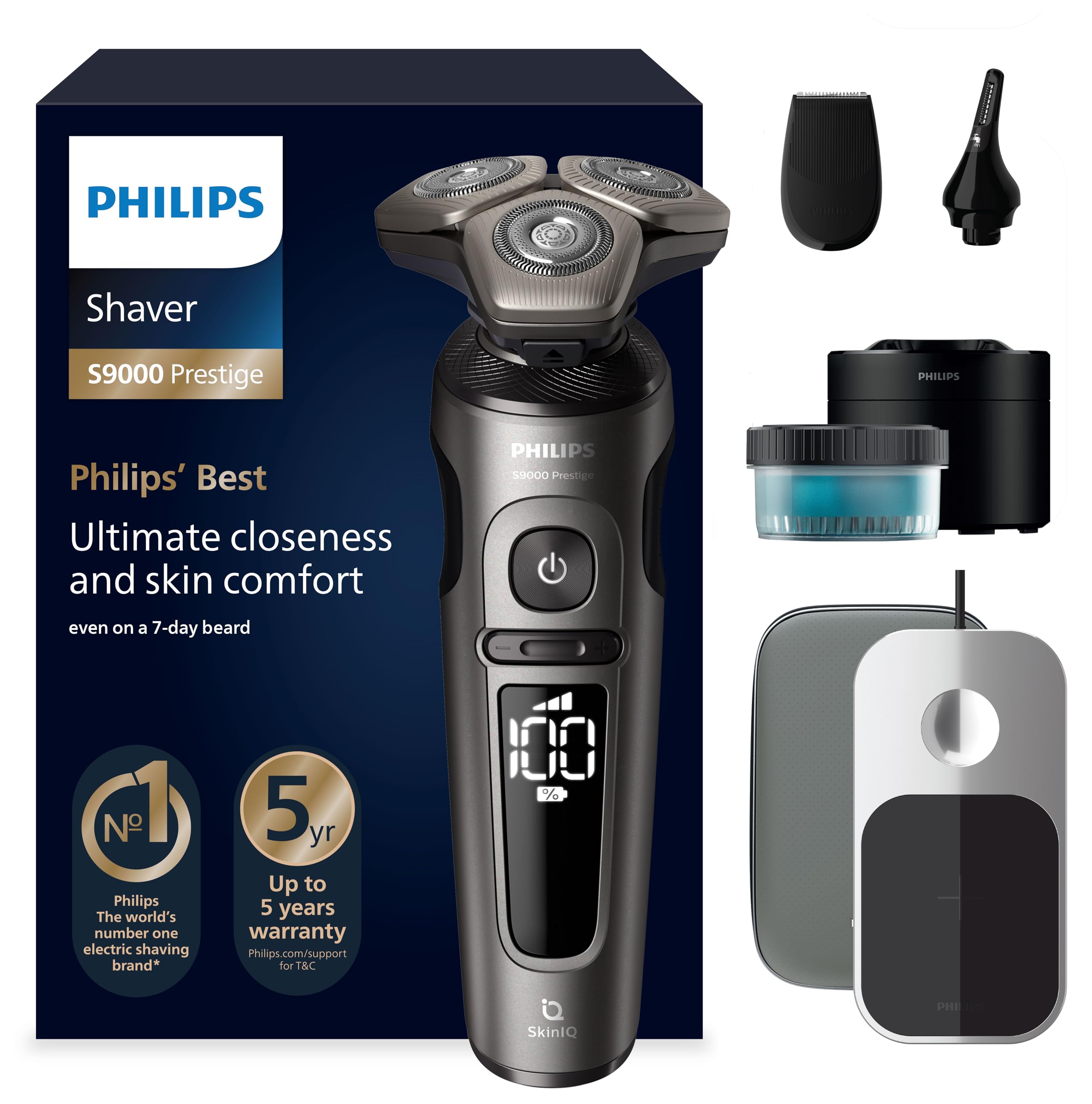 PHILIPS Shaver S9000 Prestige, elektrischer Nass- und Trockenrasierer, Gold, SkinIQ Technologie, Reiseetui, Qi-Ladepad, Präzisionstrimmer, Nasenhaartrimmer und Reinigungsstation, Modell SP9882/36