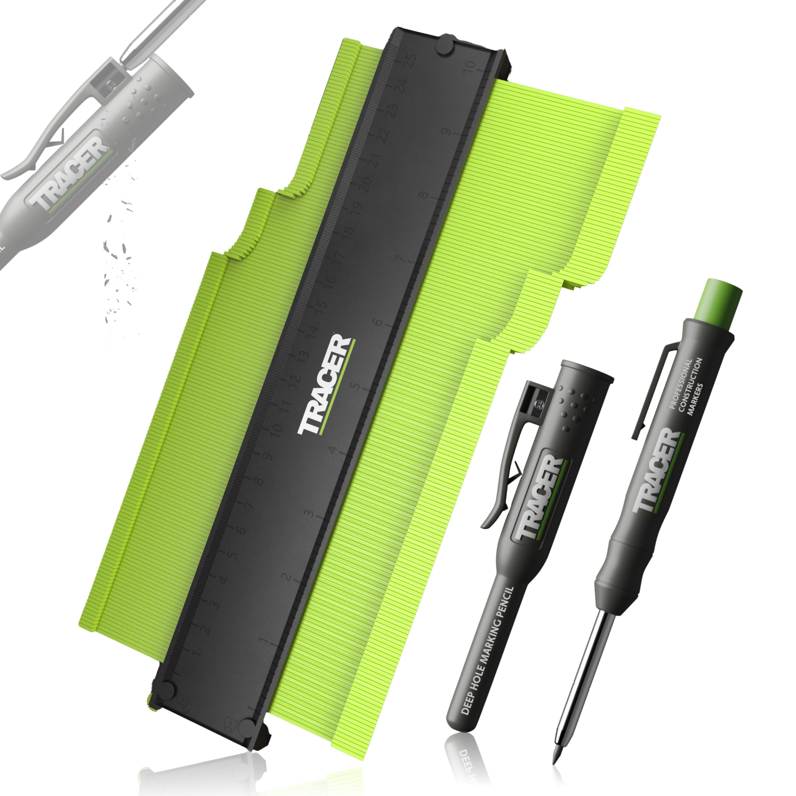 TRACER Contour Gauge 250mm (10”) Precise Marking Gauge with TRACER Deep Hole Construction Pencil. Measuring Set with Carpenters Pencil