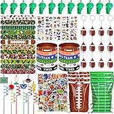 134 Pcs Football Party Favors Set 12 Silicone Bracelet 12 Whistles 12 Keychains 12 Slap Bracelet 12 Tattoo Stickers 12 Plastic Straws 12 Gift Bags 50 Football Stickers for Football Party Supplies