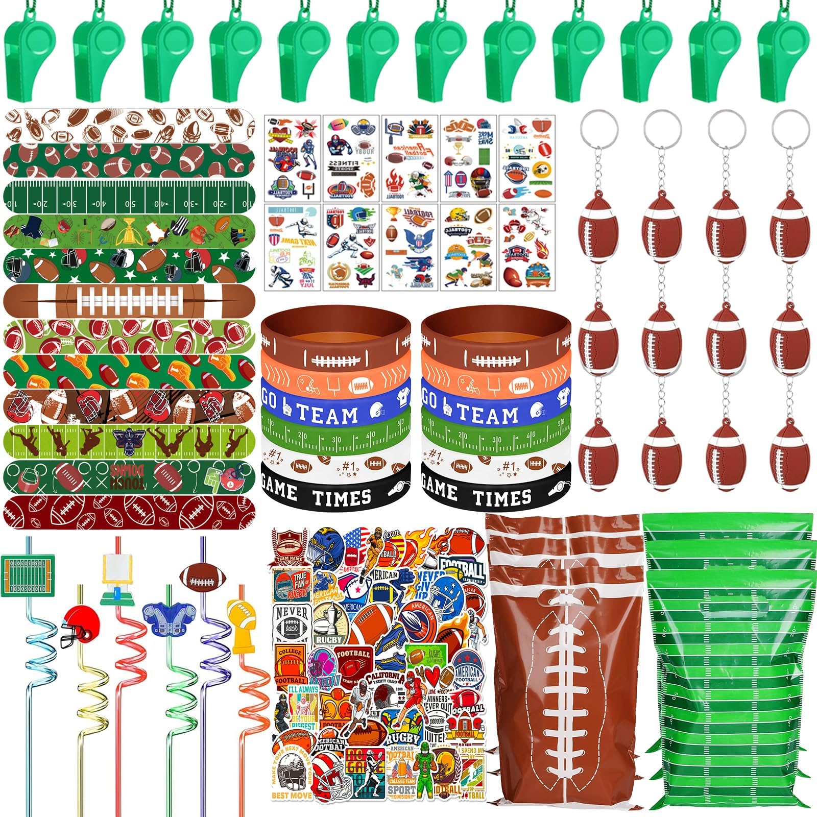Photo 1 of 134 Pcs Football Party Favors Set 12 Silicone Bracelet 12 Whistles 12 Keychains 12 Slap Bracelet 12 Tattoo Stickers 12 Plastic Straws 12 Gift Bags 50 Football Stickers for Football Party Supplies